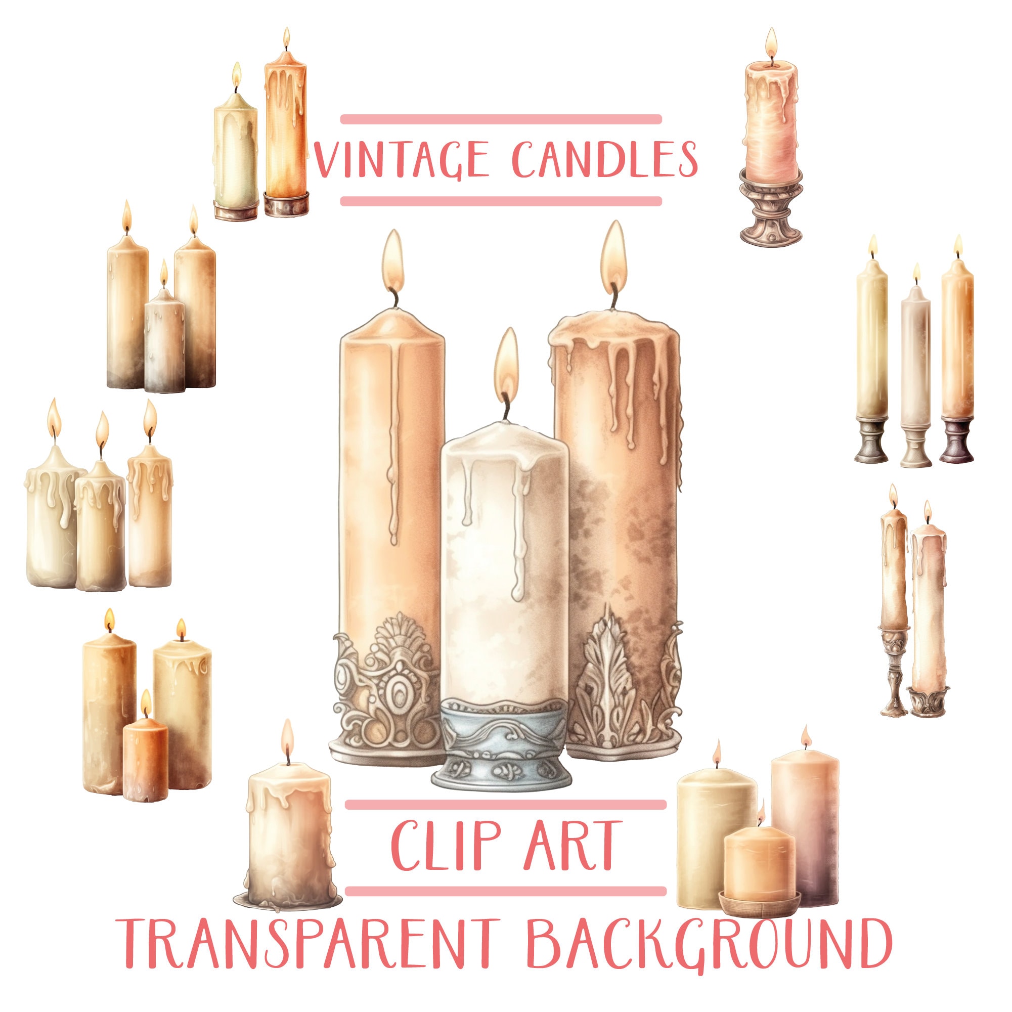 Watercolor Vintage Candles Png Bundle Vintage Candles Clipart Etsy