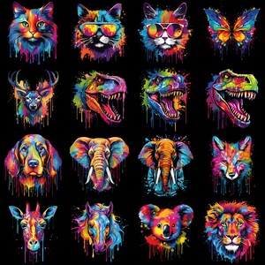 Peut inclure: Une impression d'art num&eacute;rique repr&eacute;sentant une vari&eacute;t&eacute; d'animaux dans un style abstrait et color&eacute;. Les animaux comprennent un chat, un renard, un cerf, un &eacute;l&eacute;phant, un koala, un lion, un papillon et un dinosaure. L'impression est parfaite pour ajouter une touche de fantaisie et de couleur &agrave; n'importe quelle pi&egrave;ce.