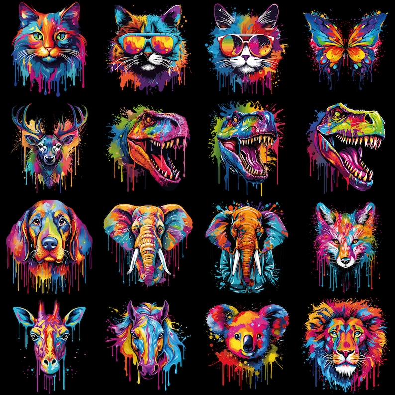 Peut inclure: Une impression d'art num&eacute;rique repr&eacute;sentant une vari&eacute;t&eacute; d'animaux dans un style abstrait et color&eacute;. Les animaux comprennent un chat, un renard, un cerf, un &eacute;l&eacute;phant, un koala, un lion, un papillon et un dinosaure. L'impression est parfaite pour ajouter une touche de fantaisie et de couleur &agrave; n'importe quelle pi&egrave;ce.