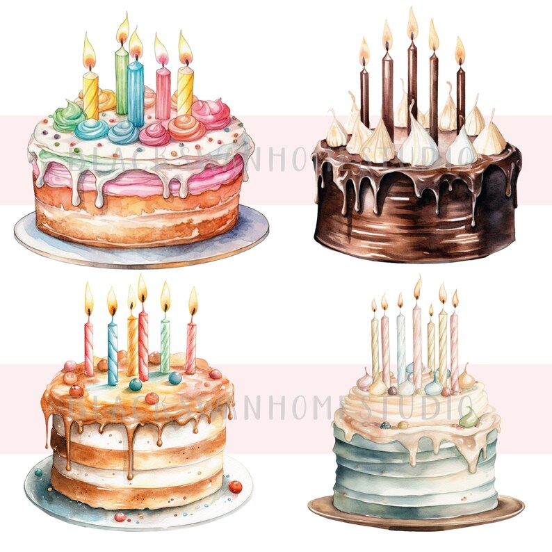 Birthday Cake Clipart Bundle Watercolor Birthday Cakes Png - Etsy