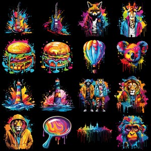 Peut inclure: Un collage num&eacute;rique d'art color&eacute; pr&eacute;sentant diverses images, notamment une guitare, un hamburger, un phare, une loupe, un renard, un koala, une girafe, une ville et un singe. Les images sont rendues dans un style abstrait et vibrant avec des &eacute;claboussures de couleur.