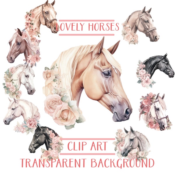 Pastel peinture cheval Png Bundle, Clipart cheval et fleurs, aquarelle cheval peinture Clipart, fabrication de cartes, Scrapbook, Junk Journal