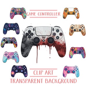 May include: A collection of colorful and patterned game controllers, including a white controller with red splatters, a pink controller with blue accents, and a purple controller with a galaxy design. The text "GAME CONTROLLER" and "CLIP ART TRANSPARENT BACKGROUND" is also included in the image.