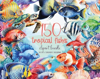 Watercolor Tropical Fish Clipart Bundle, Watercolor Underwater Clipart Set, Turtle Png Bundle, Underwater Background, Sea Shell Clipart Set