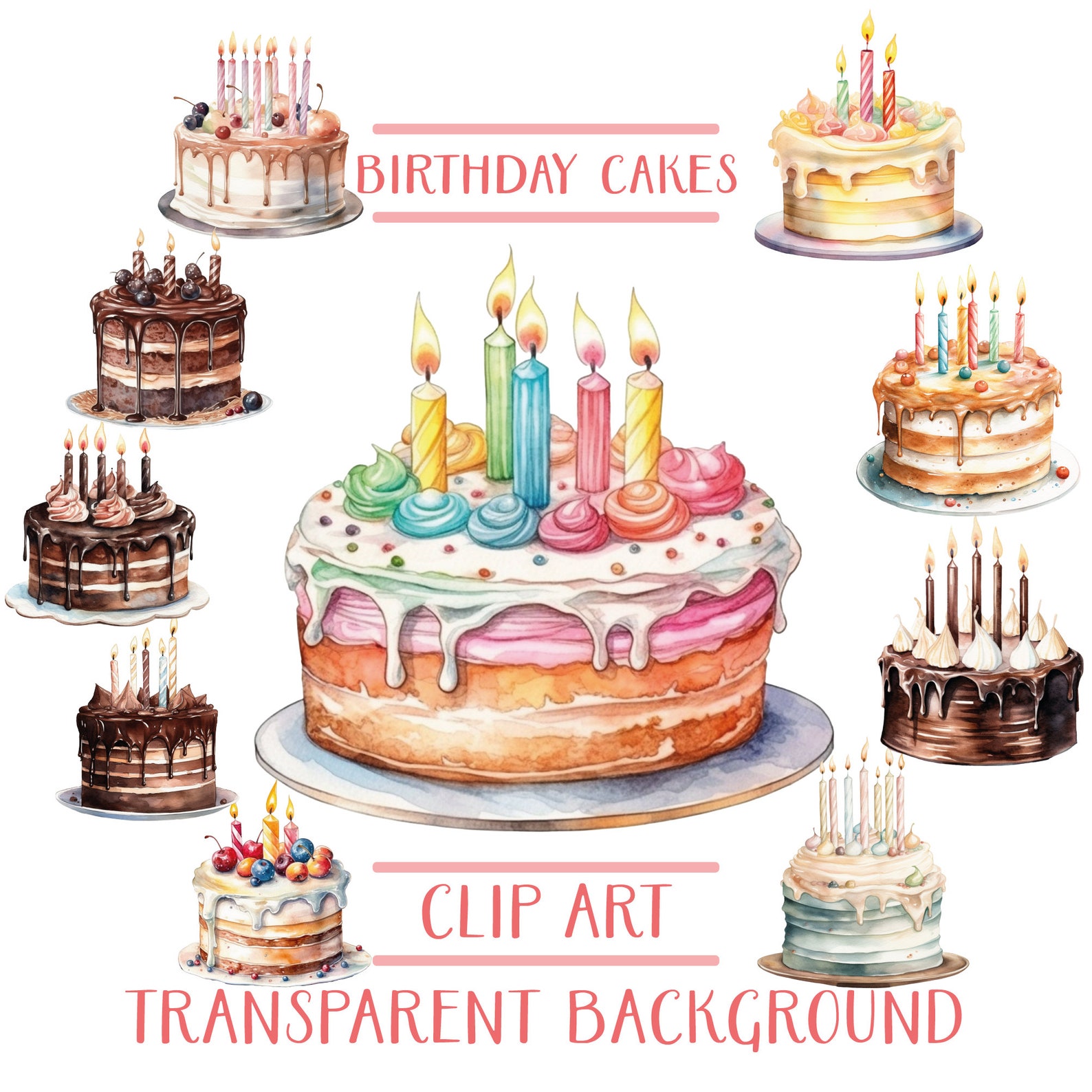 Birthday Cake Clipart Bundle Watercolor Birthday Cakes Png - Etsy