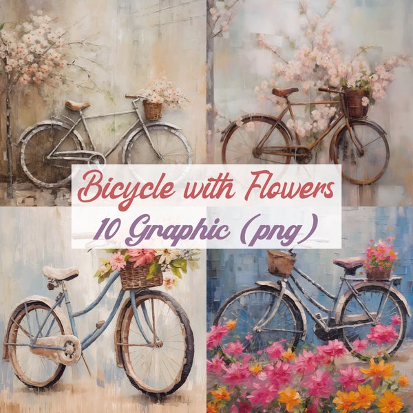 Bicycle with Flowers Oil Painting Clipart Bundle, Bicycle and Flowers Painting Png, Bicycle Scrapbooking, Vintage Bicycle with Flowers Art