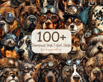 以下が含まれることがあります： 100種類以上のスチームパンクな犬のイラストをコラージュした作品。それぞれにユニークなゴーグルや歯車が描かれています。画像の中央には「100+ Steampunk Dogs T-shirt Design free commercial use」というテキストがあります。