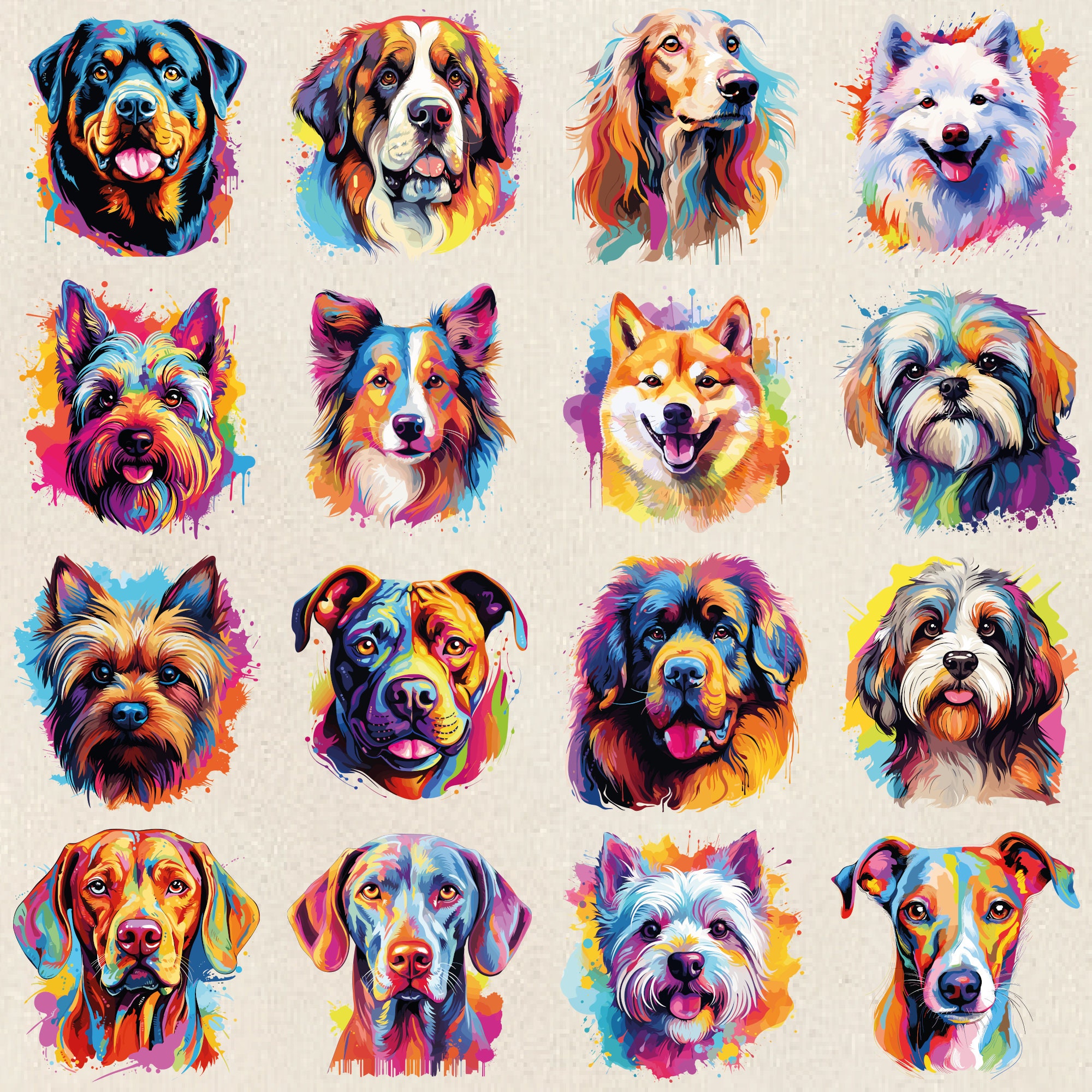 100 Colorful Dogs T-shirt Design Bundle Dog Breeds Clipart Bundle Cute ...