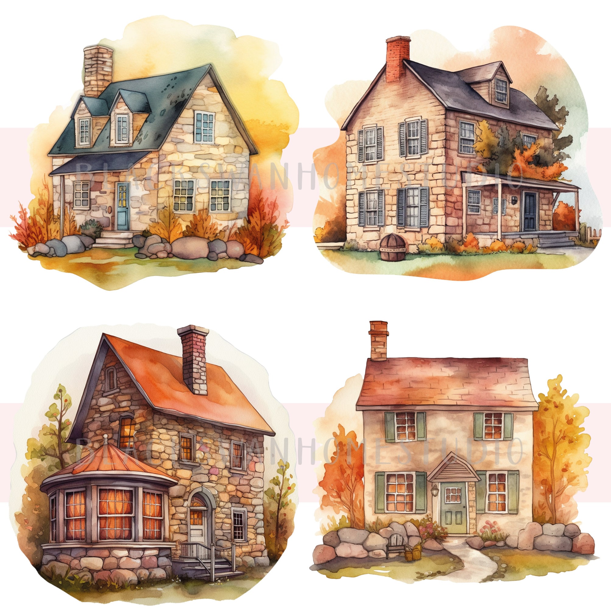 Vintage Stone House Clipart Bundle, Watercolor Stone House Png Bundle, Watercolor Cottagecore ...