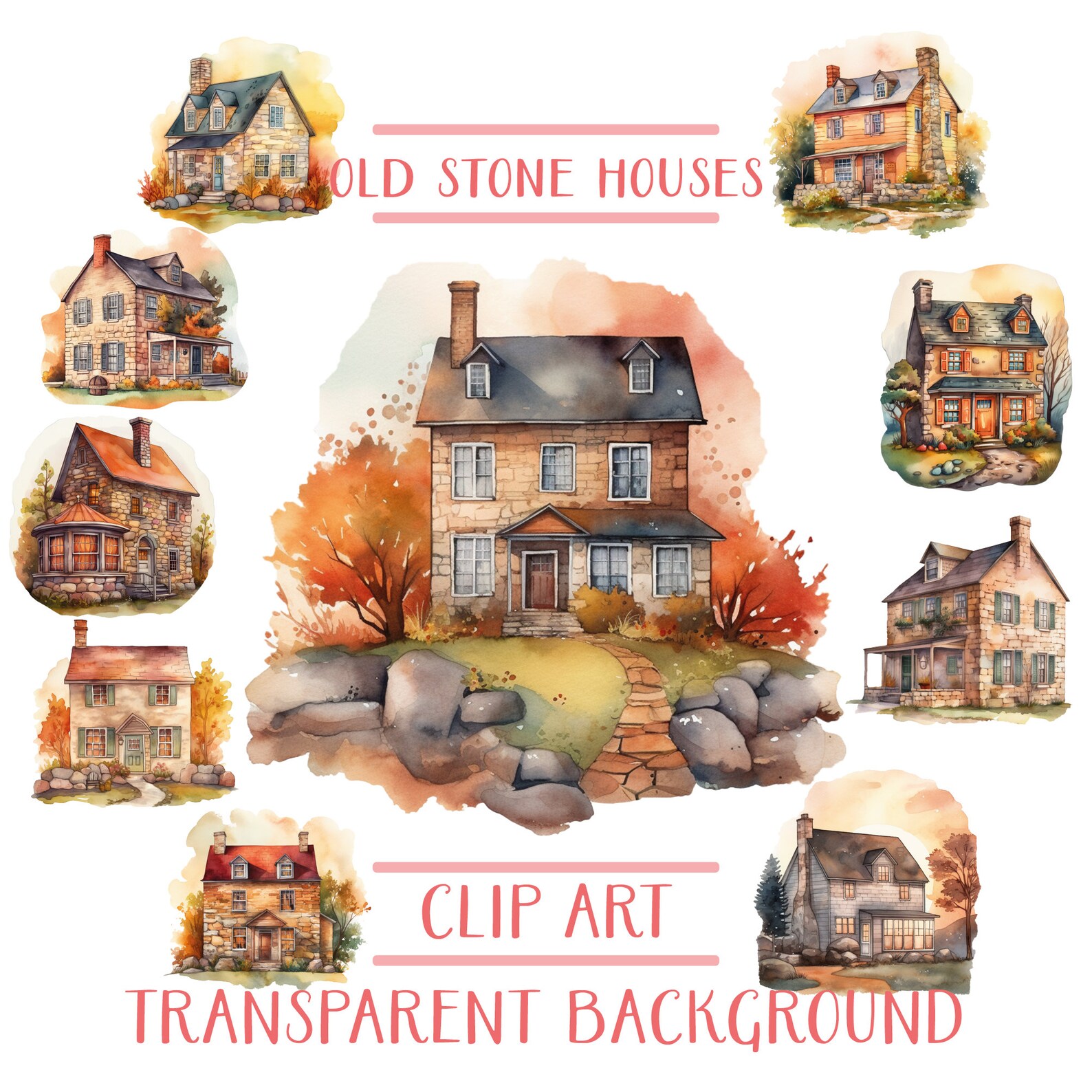 Vintage Stone House Clipart Bundle, Watercolor Stone House Png Bundle, Watercolor Cottagecore ...