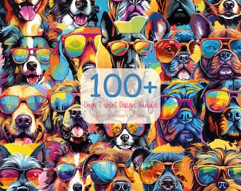 以下が含まれることがあります： サングラスをかけた100匹以上の犬のカラフルなイラスト。犬は様々な品種で、ランダムなパターンで配置されています。画像の中央には「100+ Dogs T-shirt Design Bundle Free commercial use」というテキストがあります。
