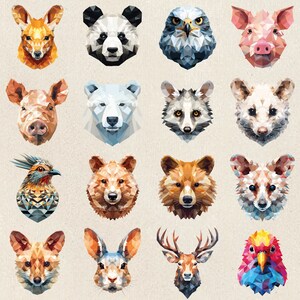 以下が含まれることがあります： 幾何学的なスタイルの16種類の動物のイラストの集まり。動物には、パンダ、キツネ、鹿、鳥、ウサギ、クマ、ブタ、アライグマ、犬、猫、ワシ、魚が含まれています。イラストはすべて明るくカラフルなスタイルです。