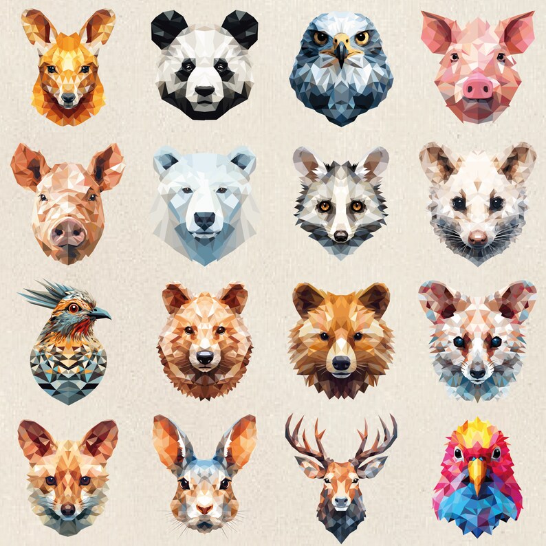 以下が含まれることがあります： 幾何学的なスタイルの16種類の動物のイラストの集まり。動物には、パンダ、キツネ、鹿、鳥、ウサギ、クマ、ブタ、アライグマ、犬、猫、ワシ、魚が含まれています。イラストはすべて明るくカラフルなスタイルです。