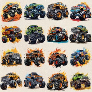 May include: A collection of twelve monster trucks with different paint schemes and designs. Each truck has large tires and a variety of colors, including orange, green, blue, purple, and black.