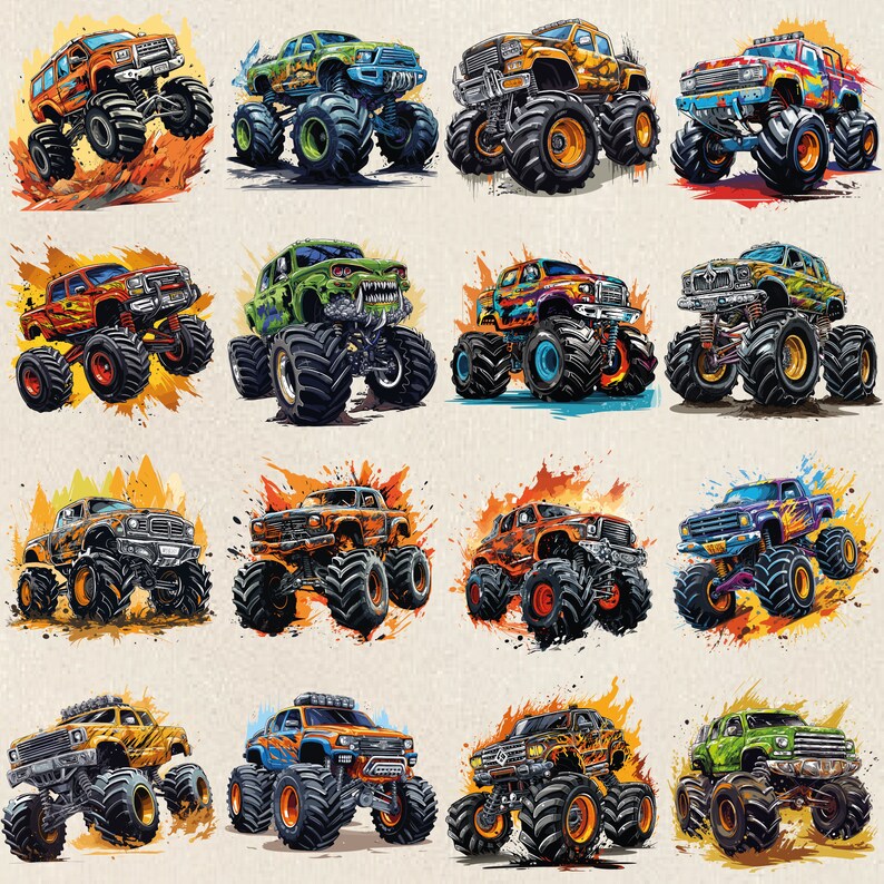 May include: A collection of twelve monster trucks with different paint schemes and designs. Each truck has large tires and a variety of colors, including orange, green, blue, purple, and black.