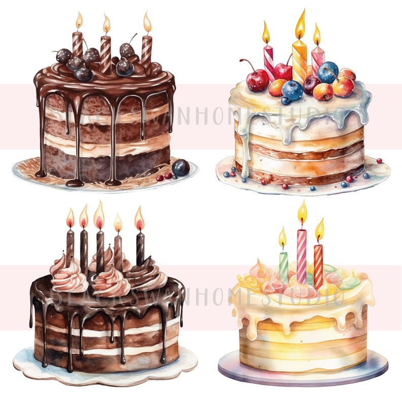 Birthday Cake Clipart Bundle Watercolor Birthday Cakes Png - Etsy