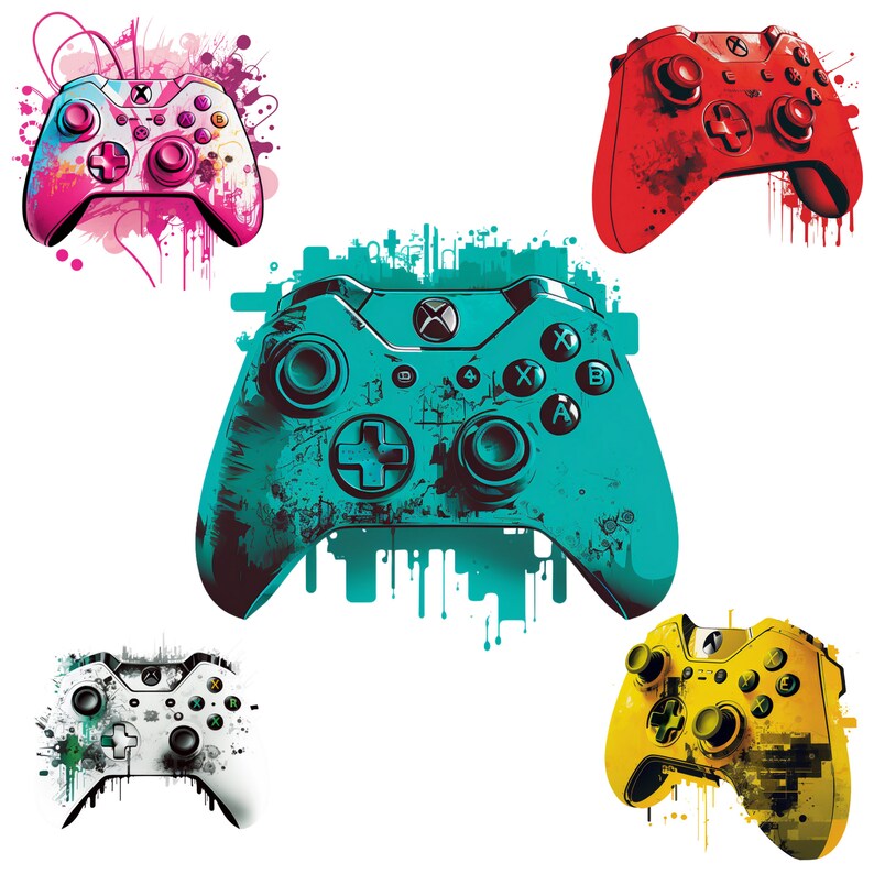 May include: An artistic illustration of five Xbox controllers in various colours: pink, red, teal, white, and yellow. Each controller features a unique splatter paint effect, adding a grunge aesthetic. The controllers are set against a white background.