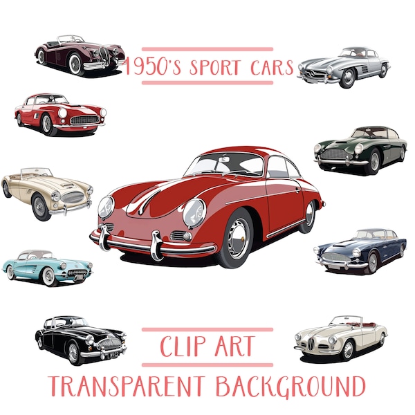 1950s Sport Cars Clipart Bundle, Old Cars Png Bundle, Vintage Cars Png, Vintage Cars, Old Cars Clipart for Tshirt, Classic Cars Clipart