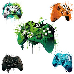 May include: Illustration of five Xbox game controllers in green, orange, blue, black, and white. Each controller features a splatter paint effect and a unique design. The controllers are set against a white background.