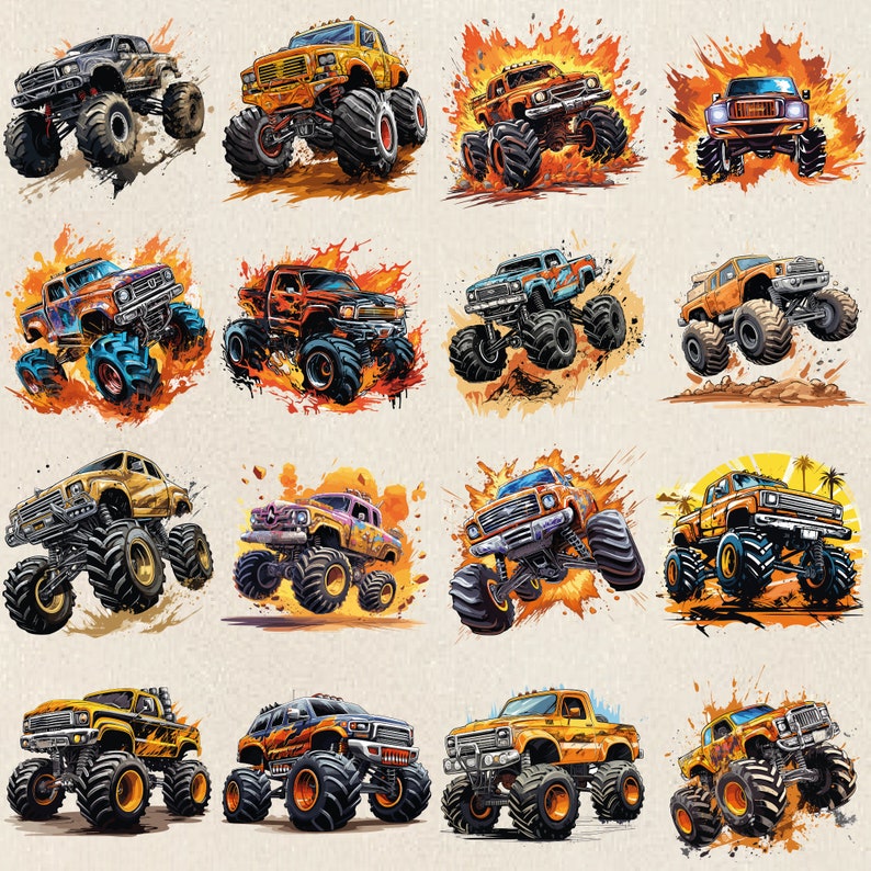May include: A collection of 12 cartoon illustrations of monster trucks with various colors and designs. The trucks are depicted on a light brown background with splashes of orange, yellow, and red paint.