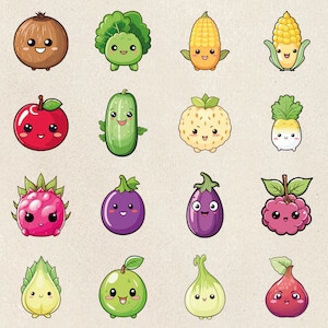 125 Kawaii Fruits and Vegetables Png Bundle Kawaii Sticker Png Bundle ...