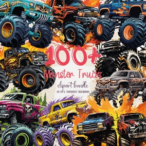 May include: A digital clipart bundle of 100+ monster trucks. The trucks are illustrated in a cartoon style and feature various colors, designs, and accessories. The image shows a variety of monster trucks with flames and smoke effects.