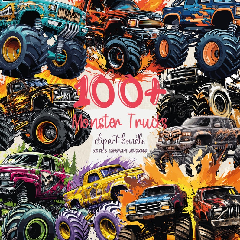 May include: A digital clipart bundle of 100+ monster trucks. The trucks are illustrated in a cartoon style and feature various colors, designs, and accessories. The image shows a variety of monster trucks with flames and smoke effects.