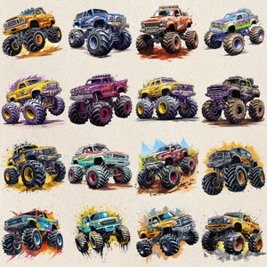 May include: A collection of 12 cartoon monster trucks with various colors and designs. The trucks have large tires and are depicted in a watercolor style.