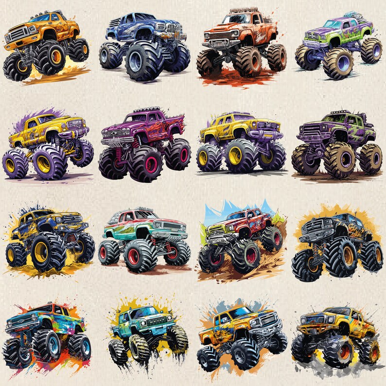 May include: A collection of 12 cartoon monster trucks with various colors and designs. The trucks have large tires and are depicted in a watercolor style.