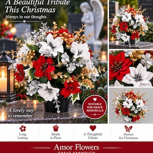 May include: A Christmas floral arrangement in a black pot featuring red and white poinsettias, gold-toned foliage, and silver glittered accents. The text reads A Beautiful Tribute This Christmas, Always in our thoughts, and Amor Flowers.
