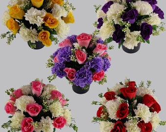 Artificial/Silk flower Grave Arrangement in memorial Crem pot Grave Pot Roses & Carnation