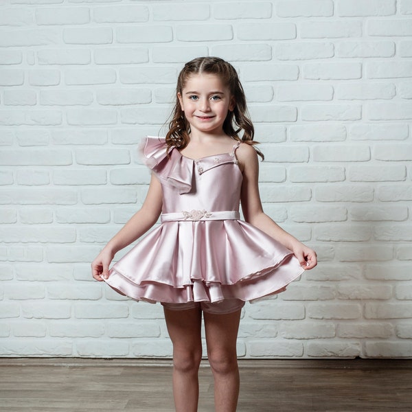 Children's One Sleeve Short Dress With Shorts, Girls Prom Dress, Girls Formal Dress, Toddler Birthday Dress, Photo Shoot Dress