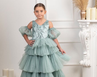 Nossiby Water Green Special Design Girl's Evening Dress,