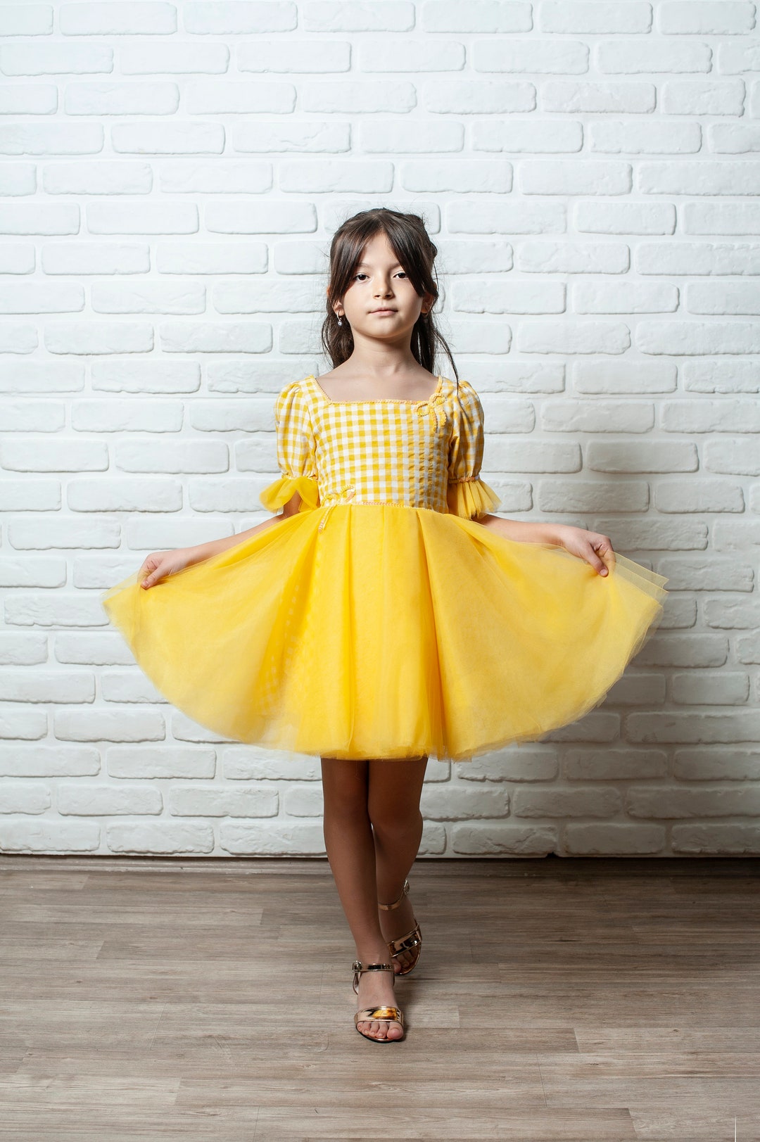 Girls Yellow Short Dress, Girls Casual Dress, Tulle Skirt Plaid Dress