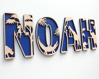 Safari Themed Wooden Letters | Jungle Theme Wooden Name Decoration | Personalised Name Sign | Children's Bedroom Playroom Wall Art Accessory