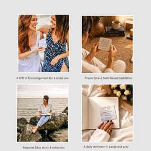 May include: A collection of square cards featuring printed text and inspirational quotes, shown in various settings including being held by individuals, placed on an open book, and used for personal reflection, prayer, and gift-giving occasions.