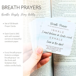 May include: A set of 30 square 3x3 inch cards with soft rounded corners, printed on cardstock. The top card features the text Breath Prayer, Inhale I must believe in Gods word, Exhale Even in the dark, and the scripture reference Job 3:4.