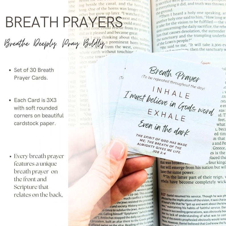 May include: A set of 30 square 3x3 inch cards with soft rounded corners, printed on cardstock. The top card features the text Breath Prayer, Inhale I must believe in Gods word, Exhale Even in the dark, and the scripture reference Job 3:4.