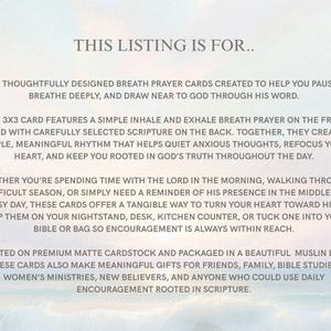 May include: A set of 30 prayer cards, each measuring 3x3 inches, printed on matte cardstock. The text describes breath prayers with scripture, designed to be kept in a muslin bag. The background features a soft, light-colored sunrise over the ocean.