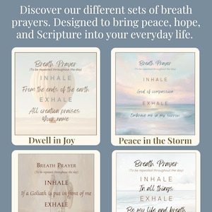 May include: A collection of four square cards featuring text and imagery. The cards are titled Dwell in Joy, Peace in the Storm, Armor of God, and Rooted in Grace. Each card includes the text Breath Prayer, Inhale, Exhale, and specific verses.