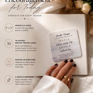 May include: A set of 30 square 3 inch by 3 inch breath prayer cards with rounded corners. The cards feature text including Breath Prayer, Inhale, Where would I be, Exhale, Without You, and Job 33:4. The cards are displayed on a white page with text.