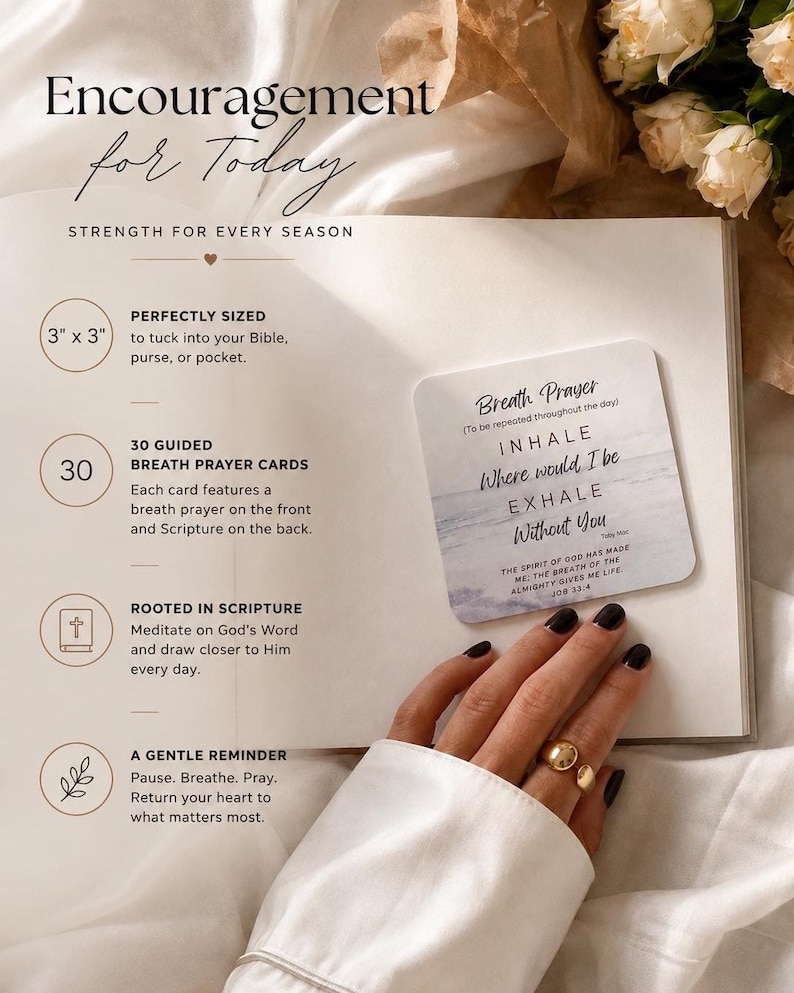May include: A set of 30 square 3 inch by 3 inch breath prayer cards with rounded corners. The cards feature text including Breath Prayer, Inhale, Where would I be, Exhale, Without You, and Job 33:4. The cards are displayed on a white page with text.
