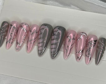 Press on Nails Y2K Pink and Grey Chrome