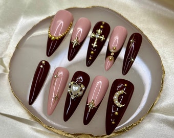 Press on Nails Red Renaissance  Cross Pearls Gold Press on Nägel