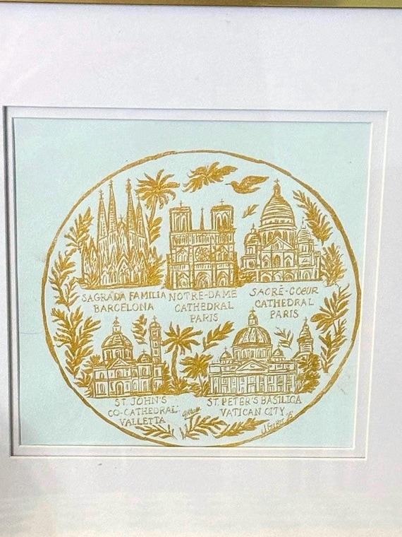 Cathedral Chinoiserie Toile Original Gold Ink Drawing by Joanna Geeker, 8x8 framed French Archival Azure paper with minimalist gold frame