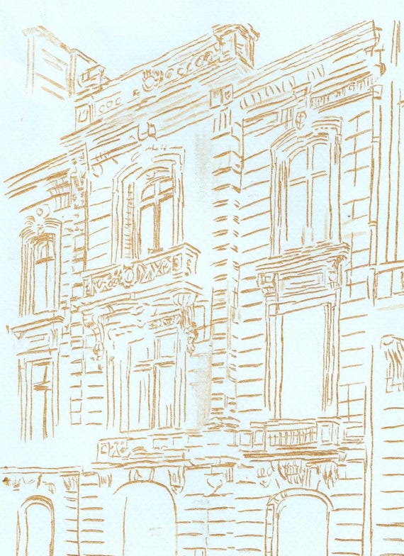 Historic Paris Architecture Study; Original Signed by Joanna Geeker; NOT a print; 8.5x11 French archival paper in Blue; Gold calligraphy