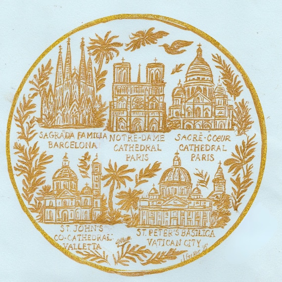 Framed Catholic Cathedral Art: Gold Ink Toile, Original Hand-Drawn 12x12