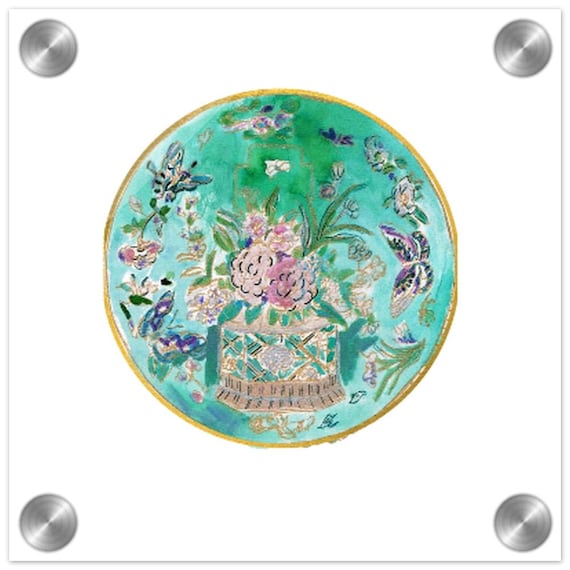 Rose Famille Acrylic (Artist Hand-Drawn Original Print)  - 18th Century Asian Celadon by Joanna Geeker | 8x8 Acrylic Frame Fine Art Print
