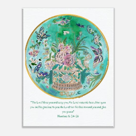 Celadon Porcelain Print | Hand-Drawn 18th Century Porcelain Art and Bible Verse Blessing; 11x14 CANVAS, Free shipping, Joanna Geeker Art