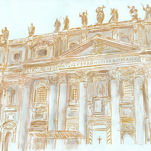 Original St. Peter&#39;s Basilica Painting: Gold Ink, Azure Paper, Vatican Art